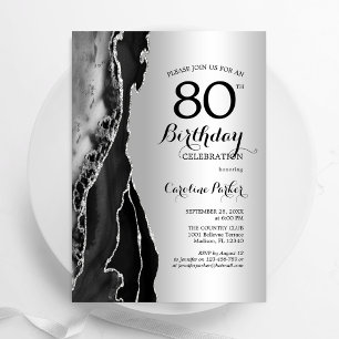 Silver Black Agate 80th Birthday Invitation