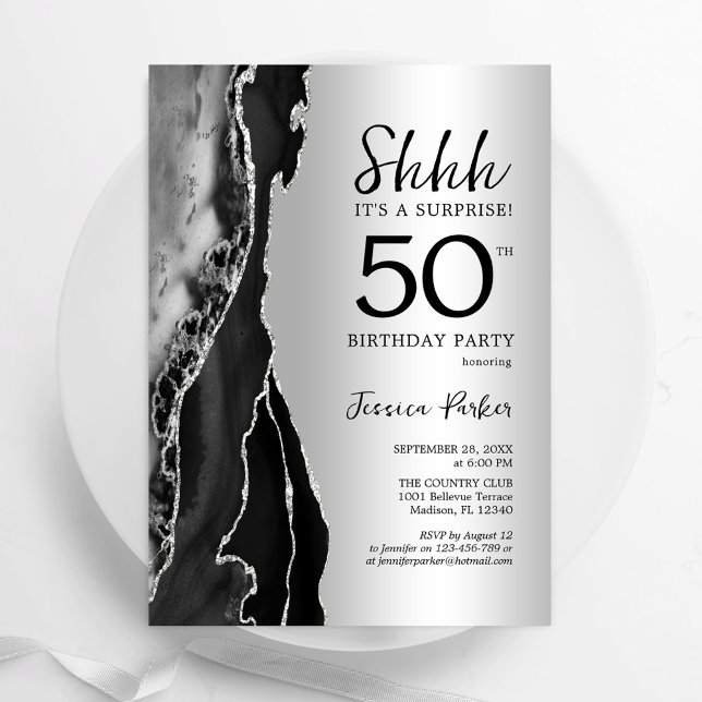 Silver Black Agate Surprise 50th Birthday Invitation (Creator Uploaded)