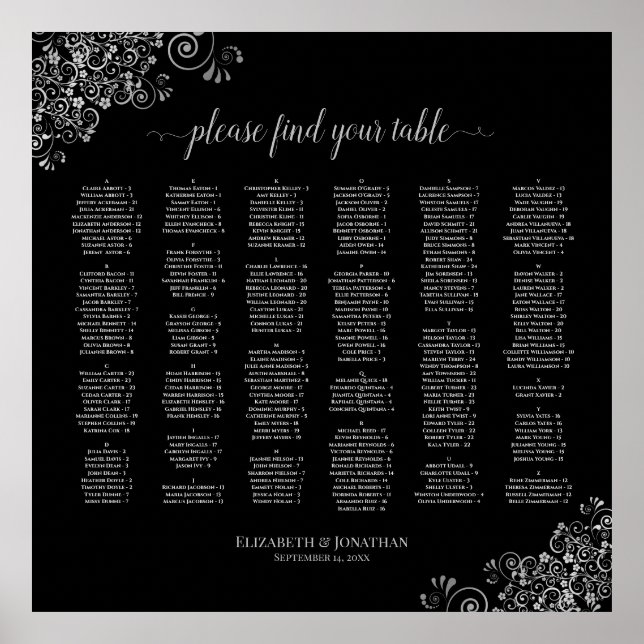 Silver & Black Alphabetical Wedding Seating Chart (Front)