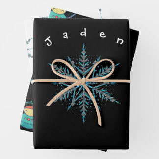 Silver Black and Blue Custom Snowflake Robot Wrapping Paper Sheet