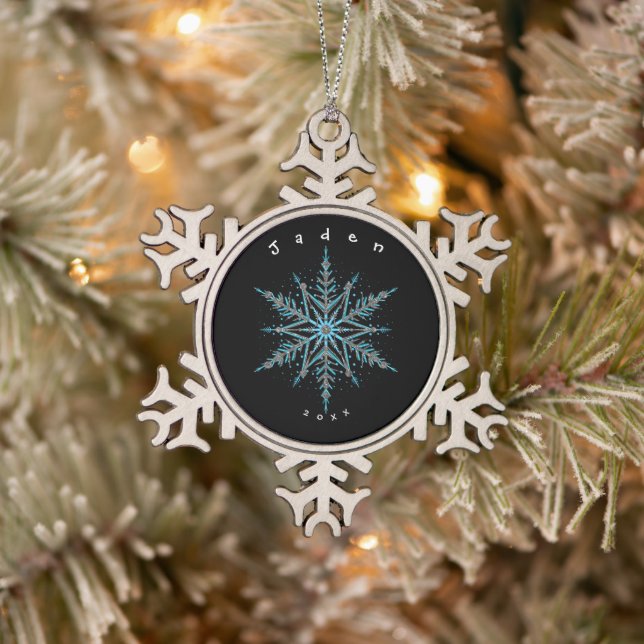 Silver Black and Blue Custom Snowflake Snowflake Pewter Christmas Ornament (Tree)