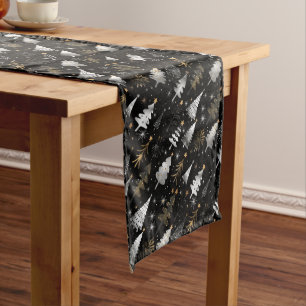 Silver, Black and Gold Christmas Trees and Stars Medium Table Runner