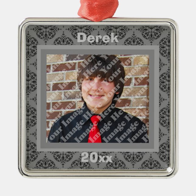 Silver Black And Grey Damask Keepsake Ornament (Front)