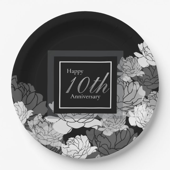 Silver, black and white 10 anniversary rose print paper plate (Front)