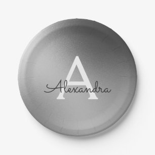 Silver, Black and White Metallic Foil Monogram Paper Plate