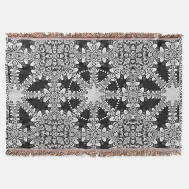 Silver + Black Arabesque Geometric Mandala Blanket (Front)