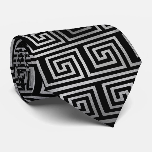 Silver black art deco tiled pattern tie (Rolled)