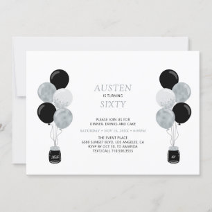 Silver & Black Balloon Modern Adult Birthday Party Invitation