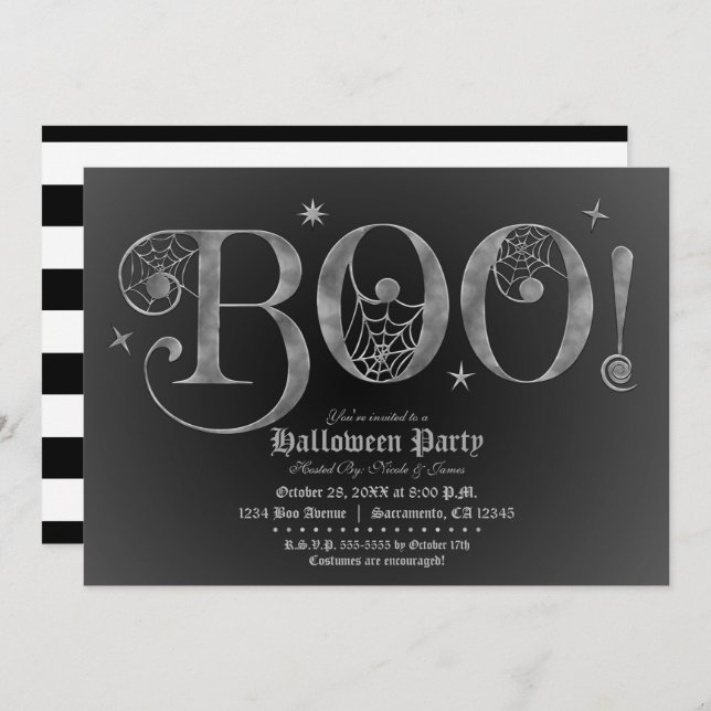 Silver & Black BOO Elegant Halloween Party   Invitation (Front/Back)