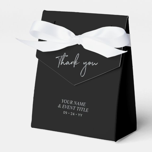 Silver & Black Brush Script Party Thank you Favour Box (Front Side)