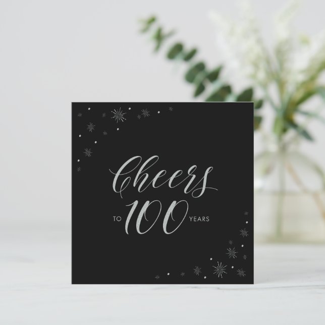 Silver & Black Cheers 100th Birthday Party Square Invitation (Standing Front)