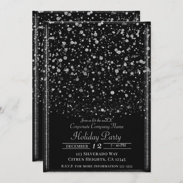 Silver & Black Confetti Splatter Holiday Party Invitation (Front/Back)