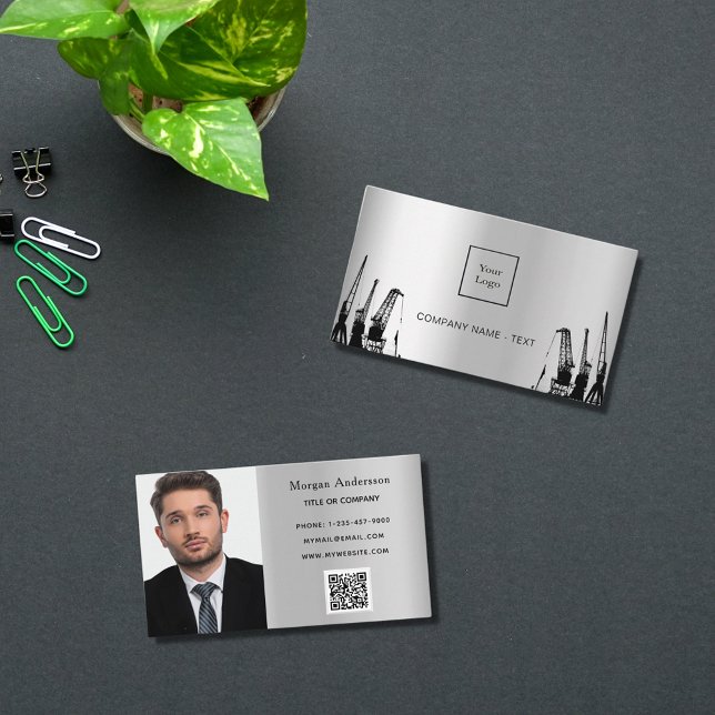 Silver black construction photo contractor logo QR Business Card (Creator Uploaded)