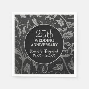 Silver Black Damask 25th Anniversary Napkin