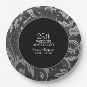 Silver Black Damask 25th Anniversary Paper Plate