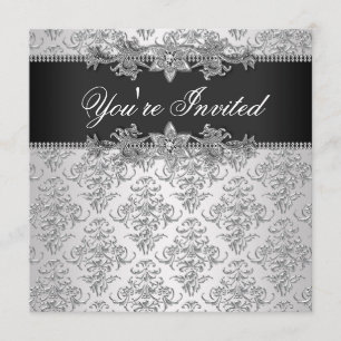 Silver Black Damask Black Damask Party Invitation