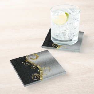 Silver & Black Damask Glass Coaster