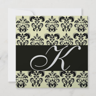 SILVER & BLACK  DAMASK MONOGRAM , white Invitation