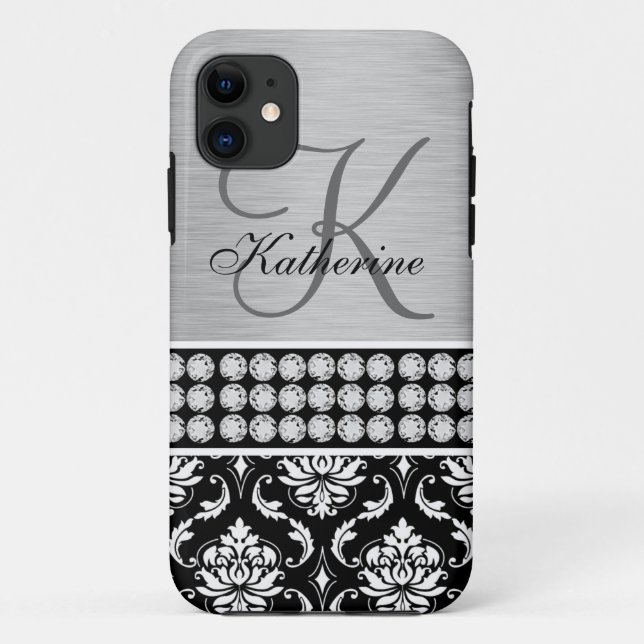 Silver Black Damask Name Monogram iPhone 5 Case (Back)