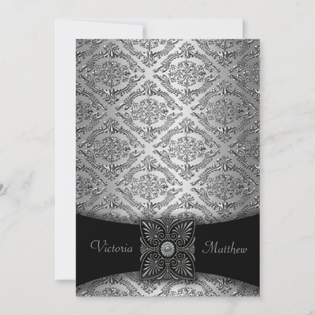 Silver & Black Damask Wedding Invitations (Front)