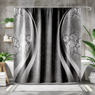Silver & Black Damasks Geometric Modern Design Shower Curtain