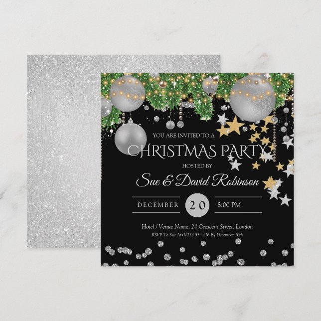 Silver Black Decor Christmas Holiday Party Invitation (Front/Back)