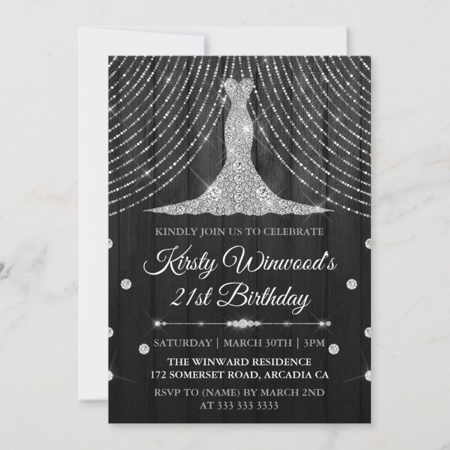 Silver Black Diamond Dress Birthday Party Invitation (Front)
