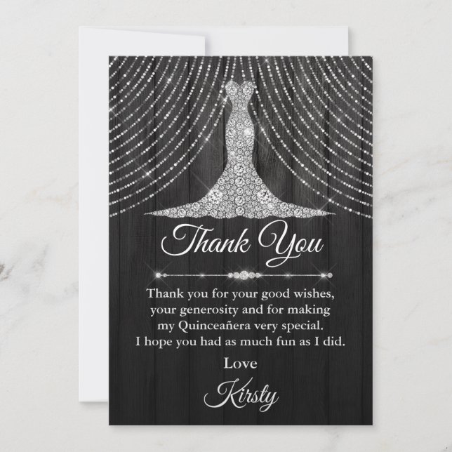 Silver Black Diamond Dress Quinceañera Thank You Card (Front)