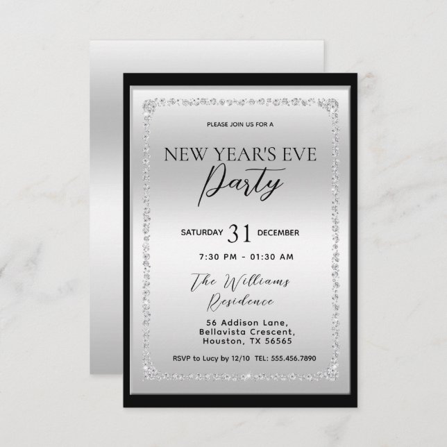 Silver & Black Diamond Framed New Year's Eve Invitation (Front/Back)