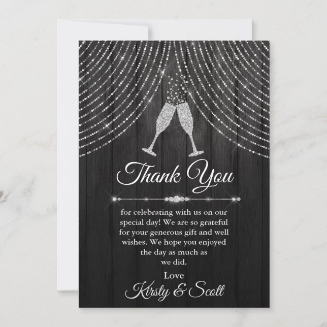 Silver Black Diamond Glasses Wedding Thank You Card (Front)