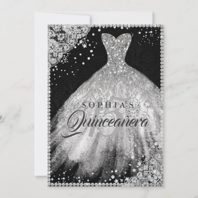 Silver Black Diamond Lace Sparkle Gown Quinceanera Invitation (Front)