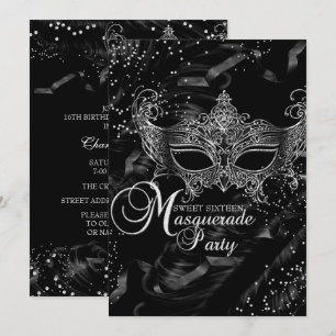 Silver Black Diamond Mask Masquerade Sweet 16 Invitation
