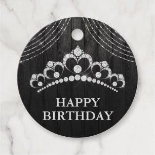 Silver Black Diamond Tiara Happy Birthday Favour Tags