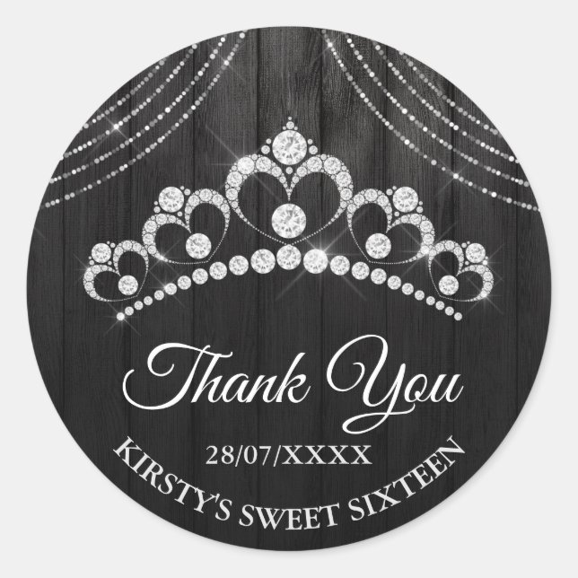 Silver Black Diamond Tiara Sweet 16 Classic Round Sticker (Front)