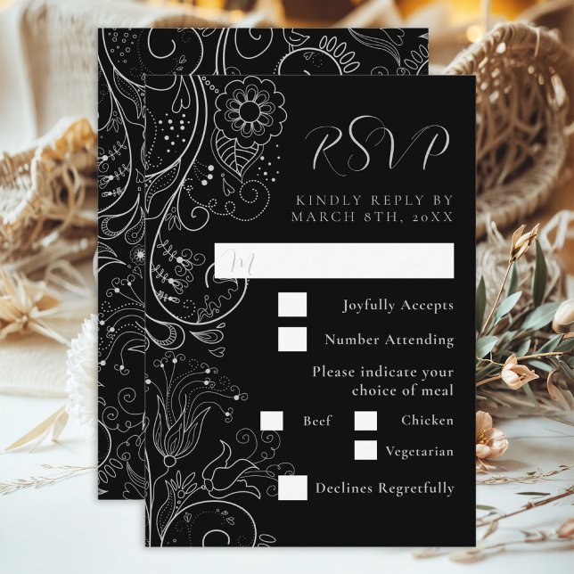 Silver Black Elegant Floral Wedding Meal Choice RSVP Card (Creator Uploaded)