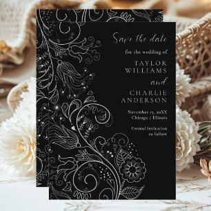 Silver Black Elegant Floral Wedding Save The Date