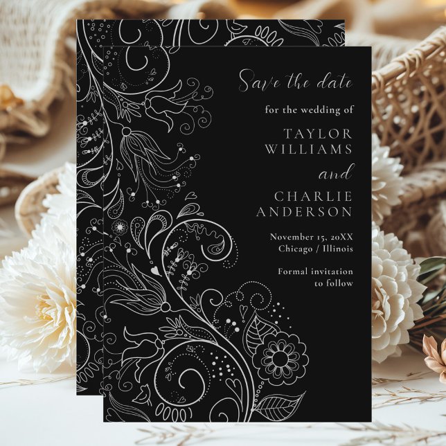 Silver Black Elegant Floral Wedding Save The Date (Creator Uploaded)