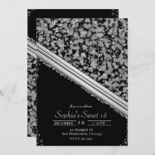 Silver & Black Elegant Glam Sweet 16 Party Invitation
