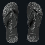 Silver & Black Elegant Maid of Honour Wedding Thongs<br><div class="desc">These beautiful wedding flip flops are a great way to thank and recognise your Maid of Honour while saving her feet at the same time. Features an elegant design with ornate silver grey curls and swirls on a black background and fancy script lettering. The test reads Maid of Honour with...</div>