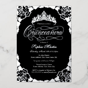 Silver Black Elegant Script Rose Quinceanera 
