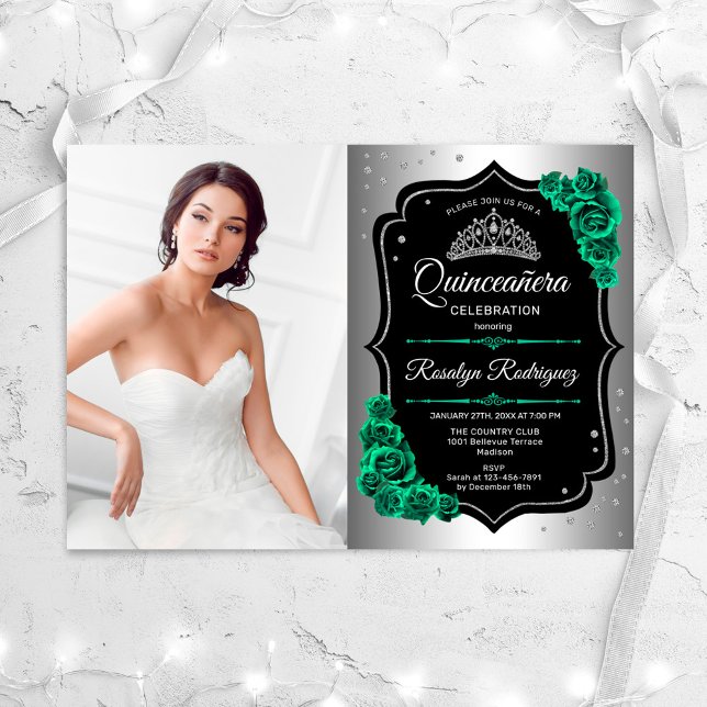 Silver Black Emerald Green Photo Quinceanera Invitation (Creator Uploaded)