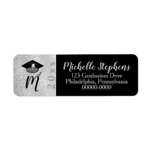 Silver   Black Faux Glitter Grad Cap Year Monogram Return Address Label