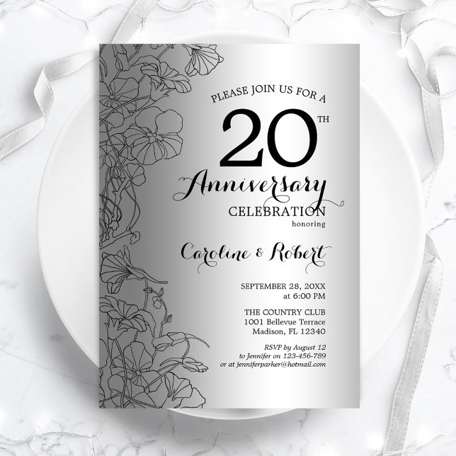 Silver Black Floral 20th Anniversary Invitation (Creator Uploaded)