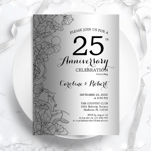 Silver Black Floral 25th Anniversary Invitation