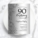 Silver Black Floral 90th Birthday Party Invitation<br><div class="desc">Silver Black Floral 90th Birthday Party Invitation. Minimalist modern design featuring botanical outline drawings accents and typography script font. Simple trendy invite card perfect for a stylish female bday celebration. Can be customised to any age. Printed Zazzle invitations or instant download digital printable template.</div>