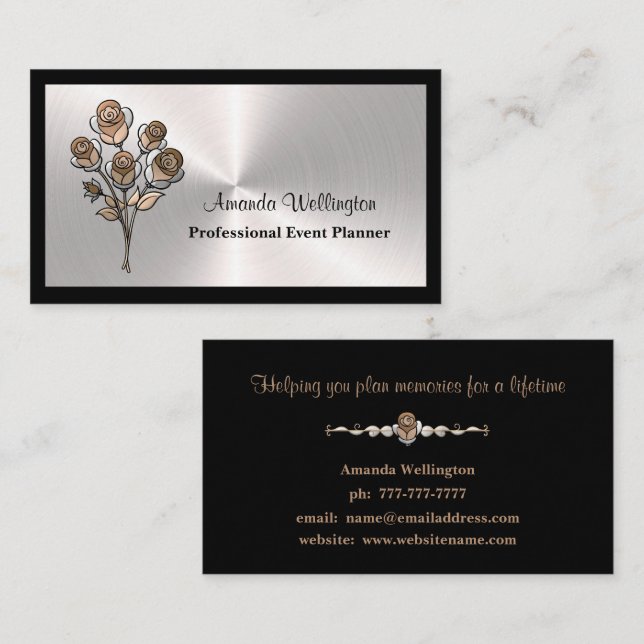 Silver & Black Floral Event Planner Business Card (Front/Back)
