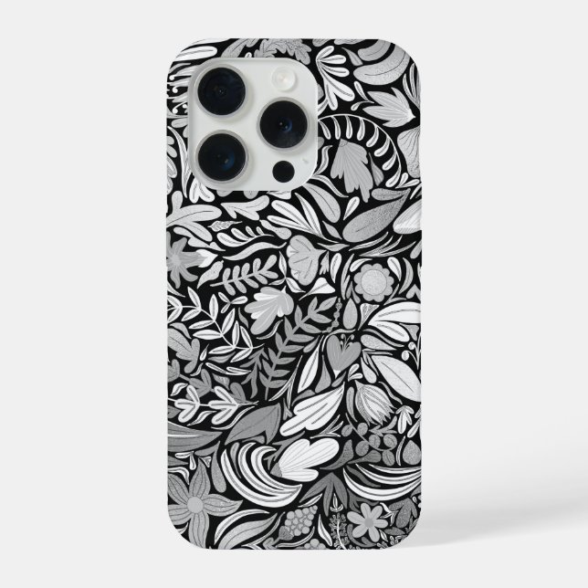 Silver Black Floral Leaves Illustration Pattern iPhone Case (Back)