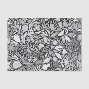 Silver Black Floral Leaves Illustration Pattern Tissue Paper