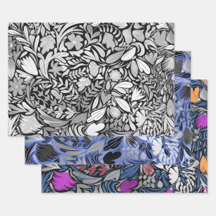 Silver Black Floral Leaves Illustration Pattern Wrapping Paper Sheet