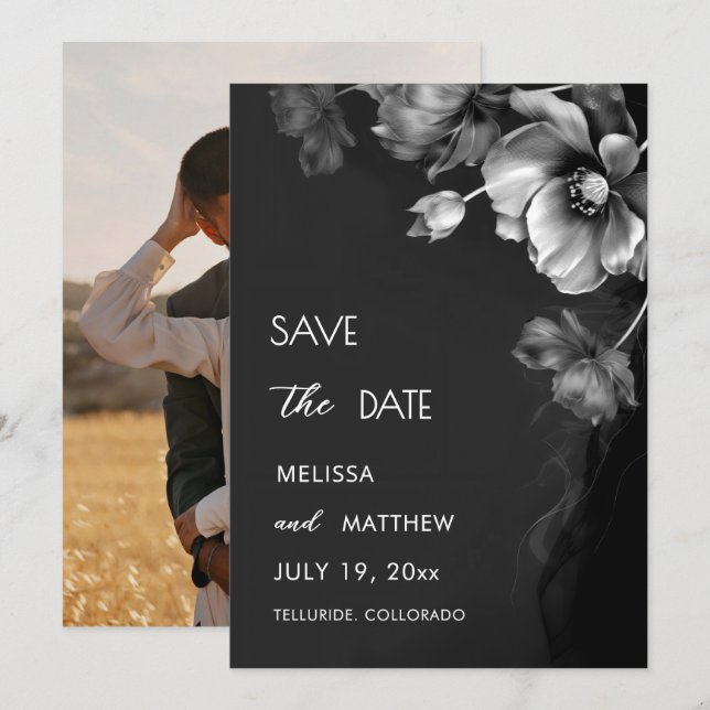 Silver Black Floral Wedding Save The Date (Front/Back)